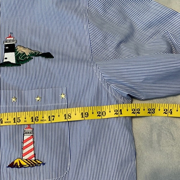 Las Olas Blue white Striped Button up Shirt Lighthouse Embroidery stars medium - Picture 5 of 8